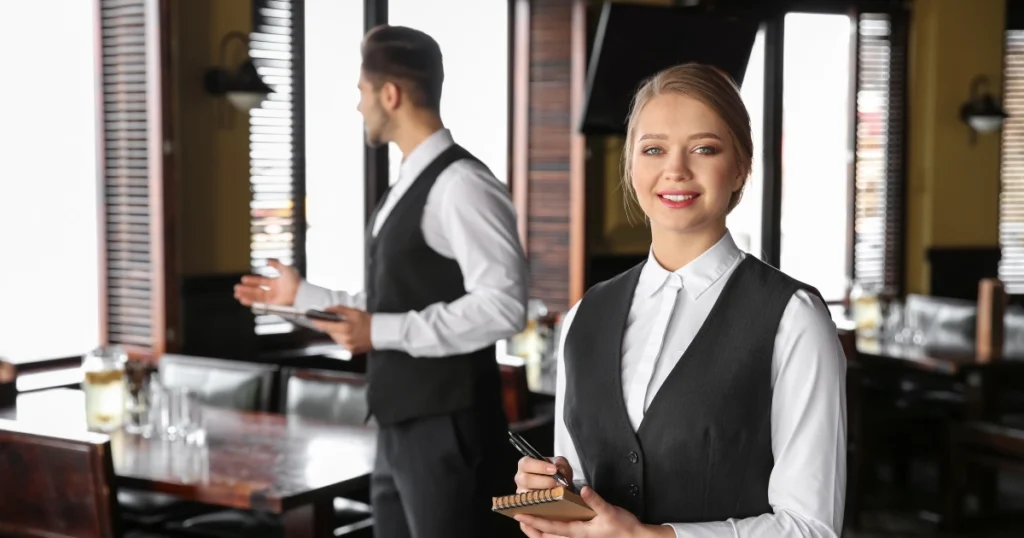 Waiter wearing a modern black uniform with apron in a luxury UAE restaurant.