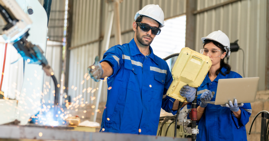 Two workers wearing blue uniforms, protective helmets, and safety glasses operating machinery in an industrial workshop, highlighting professional workwear.