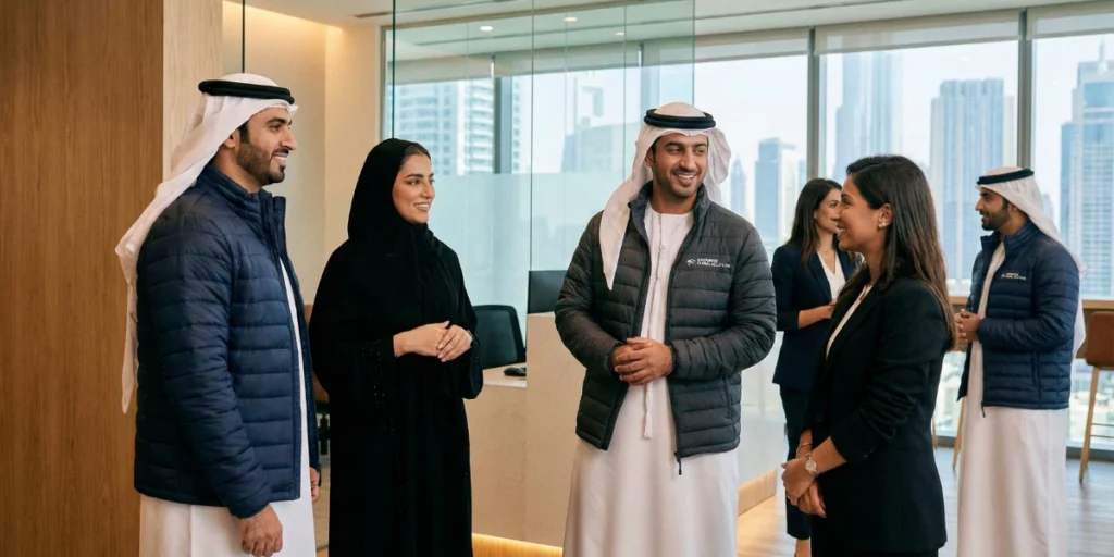 Professionals in branded winter uniforms UAE greeting each other in a corporate setting with city views.