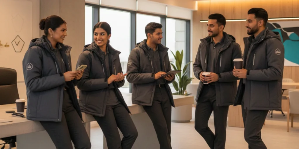 Team of employees in branded winter uniforms UAE standing together in a modern office environment.