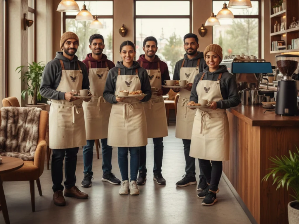 Café staff wearing branded winter uniforms UAE posing with trays and coffee inside a warm, cozy shop.