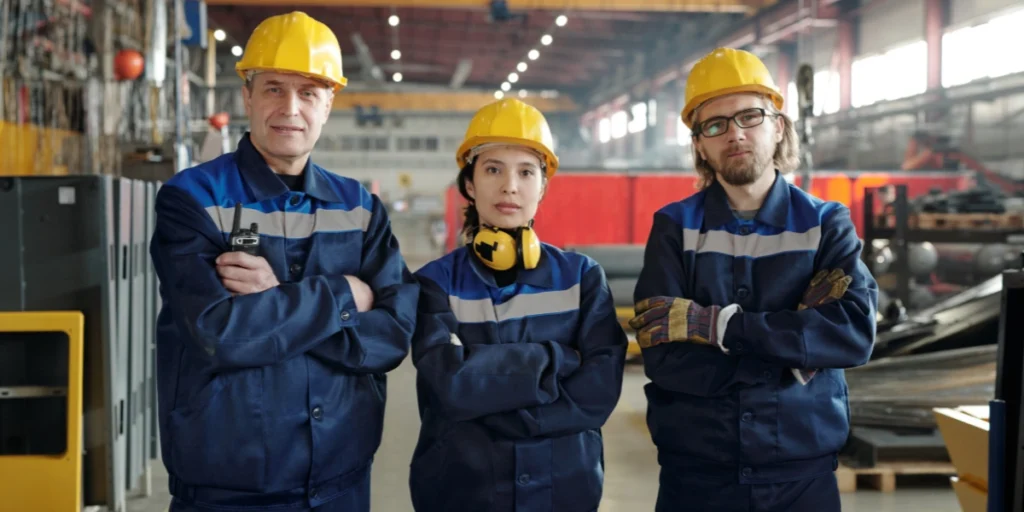 Industrial workers wearing safety uniforms in factory, showcasing quality workwear by a custom uniforms supplier in UAE.