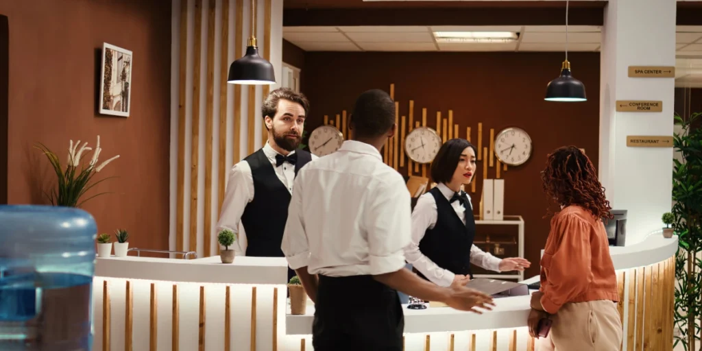 Professional hotel front desk team welcoming guests, reflecting Ramadan 2026 UAE Business Preparation standards in UAE hotels