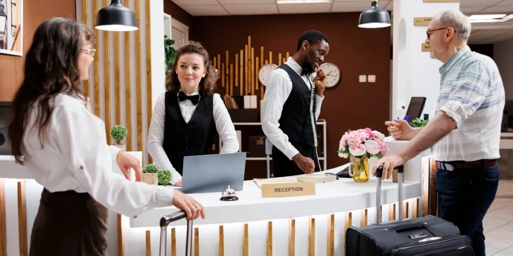 Hotel reception staff assisting guests at front desk as part of Ramadan 2026 UAE Business Preparation in hospitality sector
