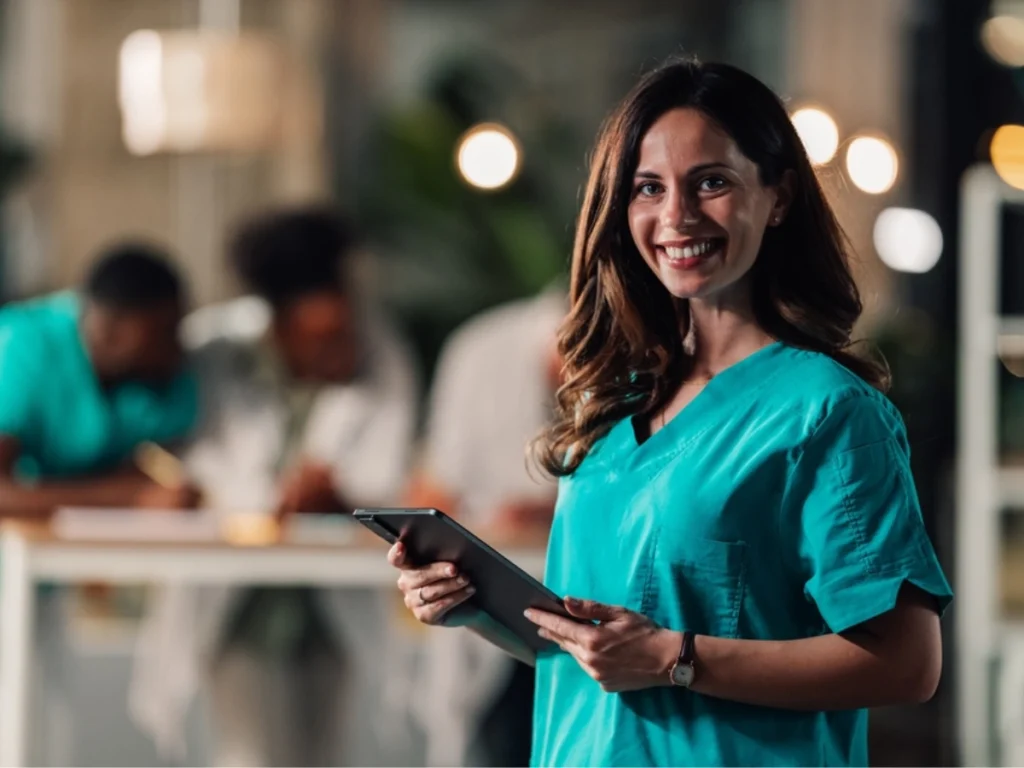 Healthcare professional using a tablet while wearing Antimicrobial Medical Scrubs Dubai in a clinical team environment.